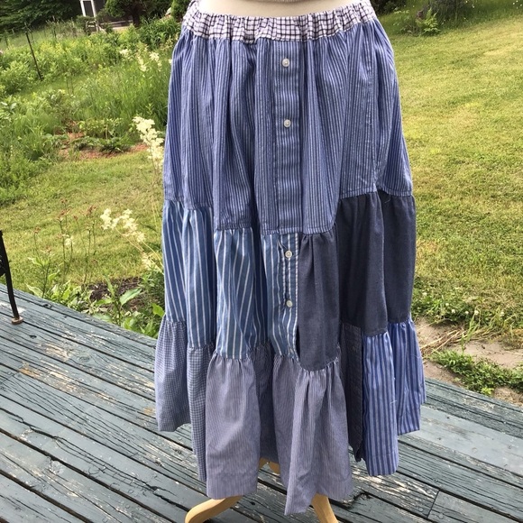 Tiered boho, cottagecore patchwork prairie.  men’s shirt upcycle maxi skirt S-XL - Picture 9 of 13